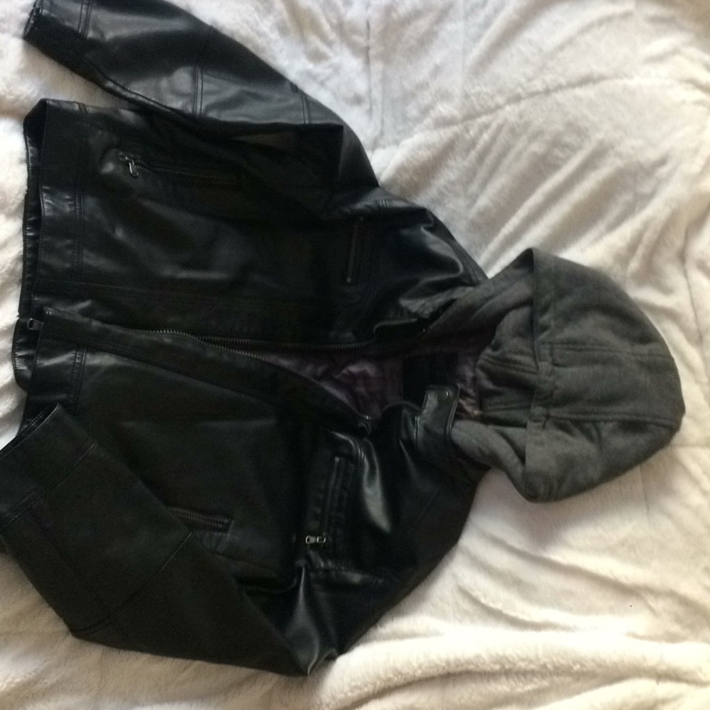 Men’s faux leather hoodie jacket.
